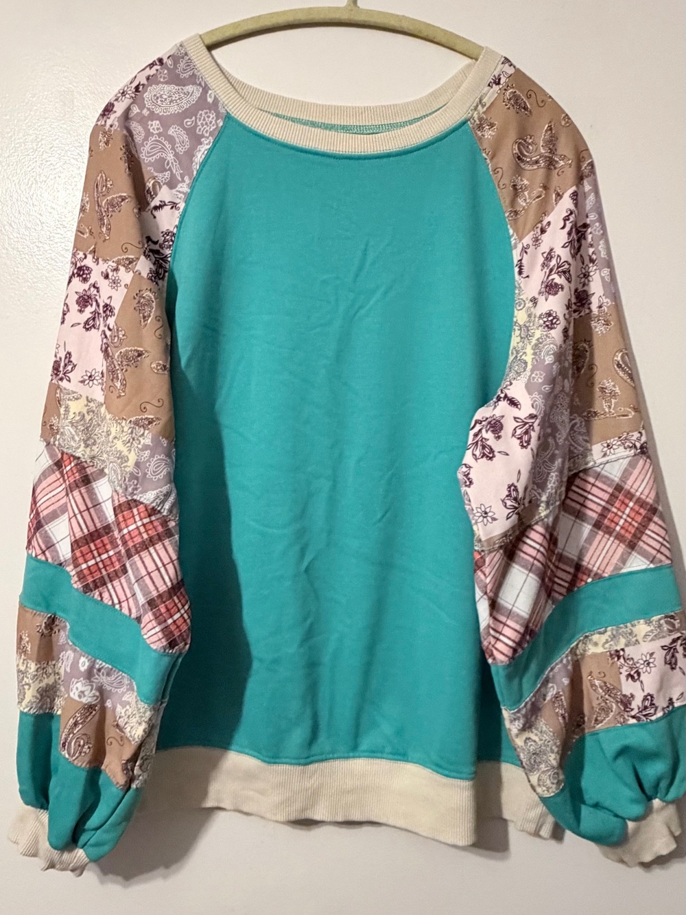 4/$25 Teal Patchwork Raglan Pullover Sweatshirt - Picture 2 of 6